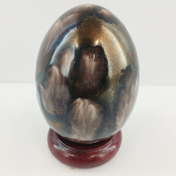 Handcrafted Glazed Ceramic Egg Ornament with Stand Earth Tone Drip Glaze Finish - Picture 3 of 10